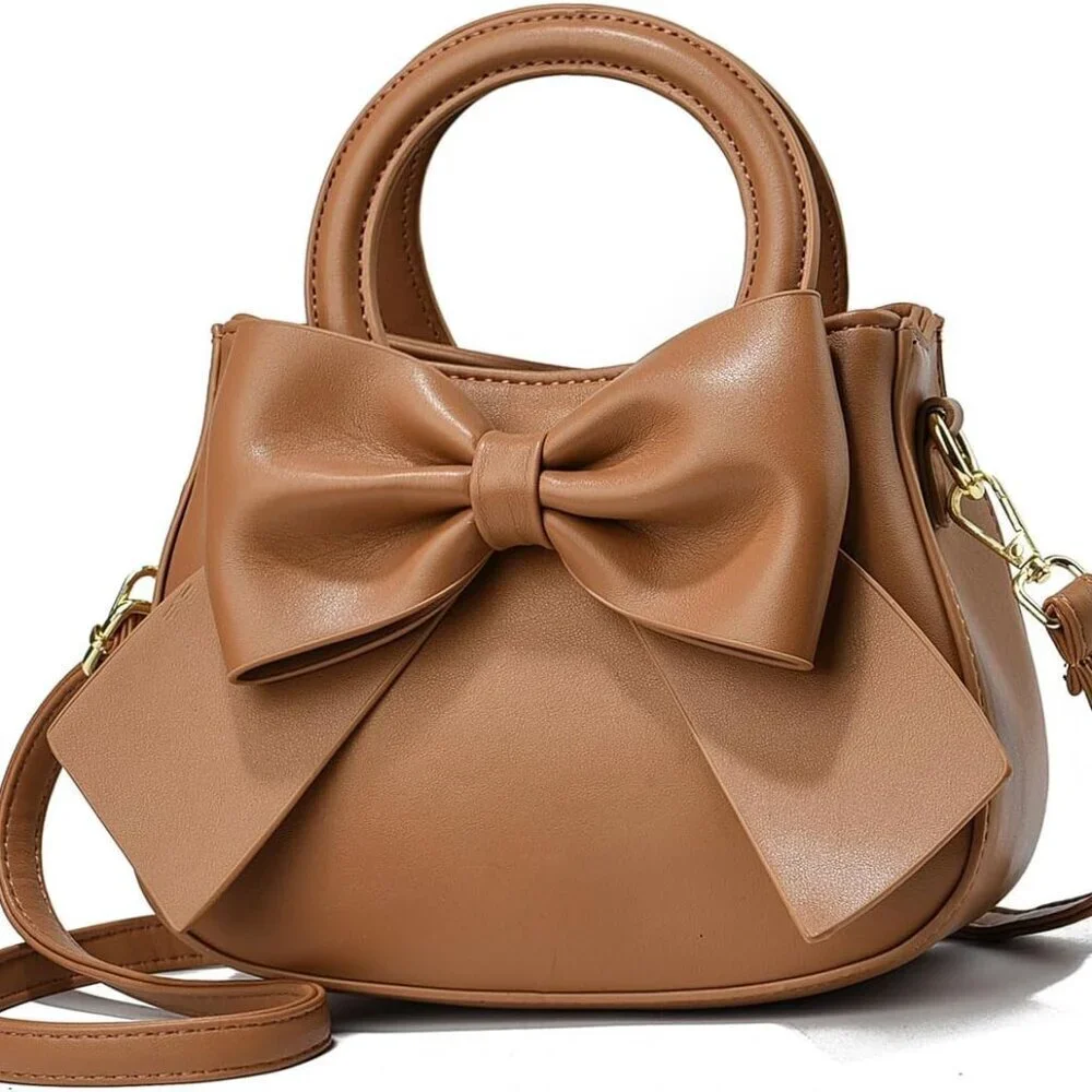 Small Leather Handbag Women Carry Handle Bow Knot Purse Crossbody Organizer